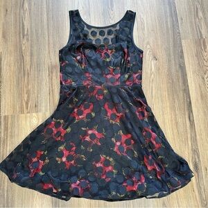 Betsey Johnson 10 Dress Floral Polka Dot Retro Rose Fit & Flare Mini Mesh‎ Lace